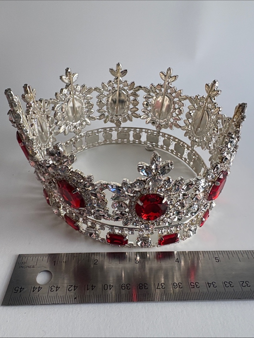 Silver Tiara Crown Red Clear Rhinestone Regal Costume Piece - Picture 5 of 8